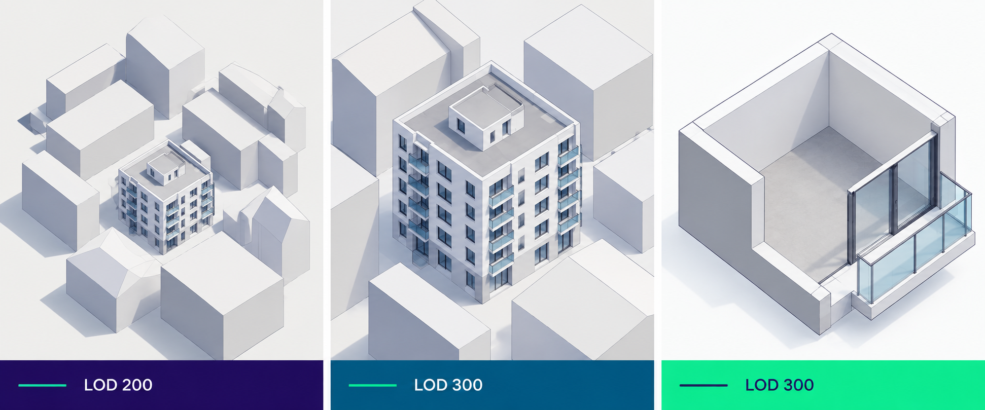 LOD example: LOD 200 for surrounding buildings and distant parts of the evaluated building, LOD 300 for the building parts near the analysed rooms